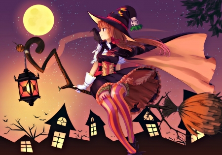 Witch - hat, moon, house, anime, yellow, girl, orange, lantern, emuki, witch, black, manga, halloween