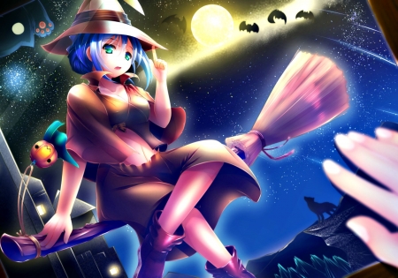 Witch - purple, pink, fuuki, halloween, anime, girl, night, sweep, blue, manga, witch, bat, moon