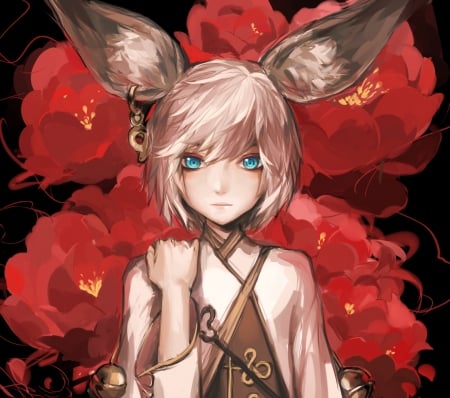 Anime girl - anime, ears, rrr 627470487, girl, flower, manga, peony, animal, red