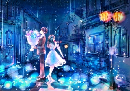 Rainy night - rain, anime, ruru tsuitta, original, night, blue, manga, lantern, light, girlman, couple, boy