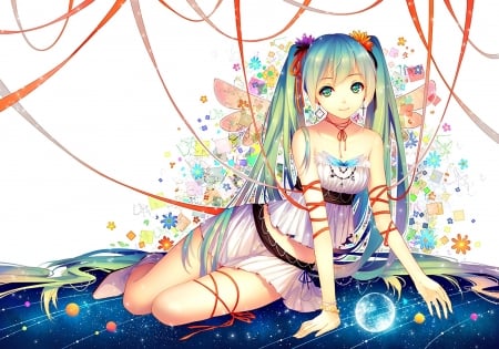 Hatsune Miku - anime, girl, tidsean, blue, manga, wings, white, voacloid, fairy, hatsune miku