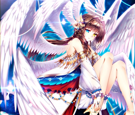 Angel - anime, blue, girl, pixiv, feather, angel, pink, manga, fantasy, white, wings