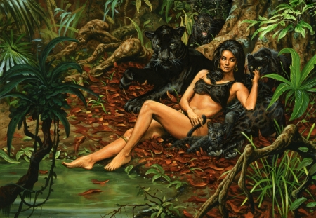 Girl and Panthers - nice, woman, female, girl, fantasy, panther, art, leopard, pretty, beautiful, jungle, digital