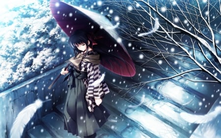 into the winter night - stairs, girl, umbrella, snow, winter, tree