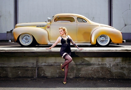 Gold Car - classic, pin up, blonde, model