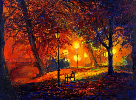 Autumn - autumn, brench, light, night, bench, autumn splendor, painting, fall, color