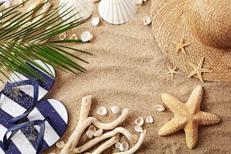 Summer - hat, shells, summer, beach, sand