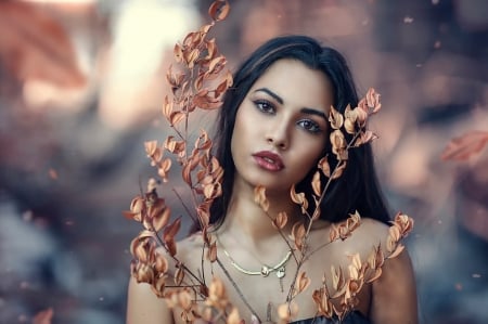 Aspiration - Alessandro Di Cicco, aspiration, girl, autumn, red, woman, model, leaf, brunette