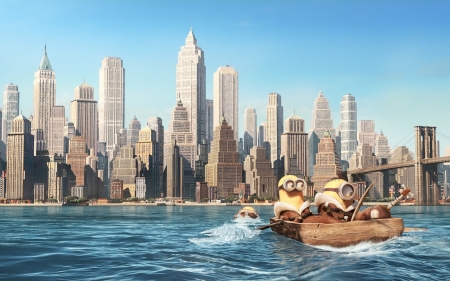 Minions (2015) - ny, fantasy, water, boat, movie, minions, new york, building