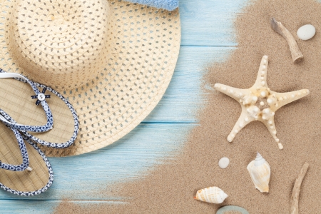 Summer - beach, hat, shells, summer time, summer, sand