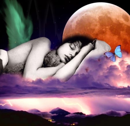 DREAMS - moon, sleep, butterfly, female, clouds, dreaming