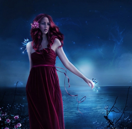 NIGHT SONG - WATER, DRESS, SKY, HAIR, BUTTERFLIES, BLUE, FLOWERS, STARS, FEMALE, RED, NIGHT