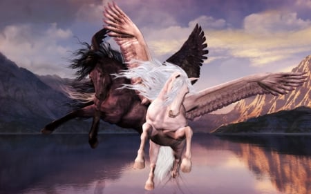 pegasus - river, pegasus, horse, mountain