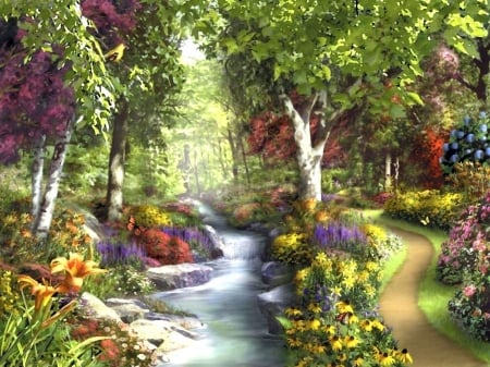 Morning Daydream - trees, attractions in dreams, streams, paintings, spring, parks, flowers, butterfly designs, nature, love four seasons, walkway