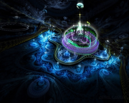 Astral castle - purple, fantasy, astral castles, black, luminos, fractal, abstract, blue