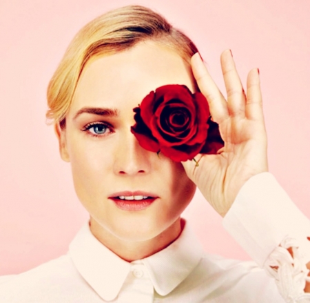 Diane Kruger - woman, diane kruger, actress, girl, rose, pink, red, flower, blonde