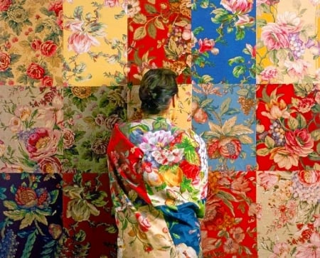 Girl in front of quilt - pretty, female, beautiful, girl, quilt, colorful, fantasy, digital, woman, tapestry, nice, art