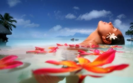 Blissful of Girl - vacation, sky, love four seasons, girl, petals, summer, flowers, blissful