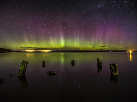 Northern lights - nature, sky, stars, force of nature, water, night, sea