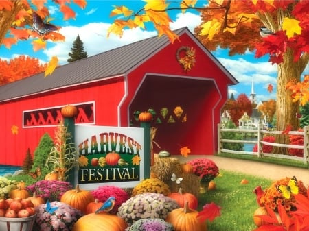 Harvest Festival - bridges, pumpkins, attractions in dreams, harvest, colors, fall season, farms, leaves, flowers, butterfly designs, autumn, love four seasons