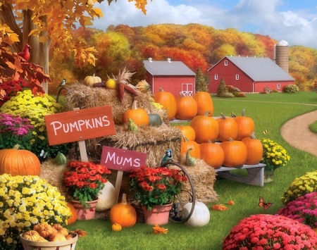 Autumn Memories - pumpkins, attractions in dreams, harvest, colors, fall season, farms, flowers, butterfly designs, autumn, love four seasons