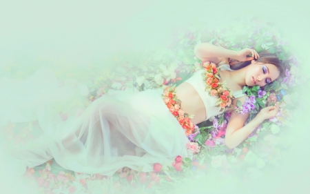 Beauty - flowers, lying, woman, model