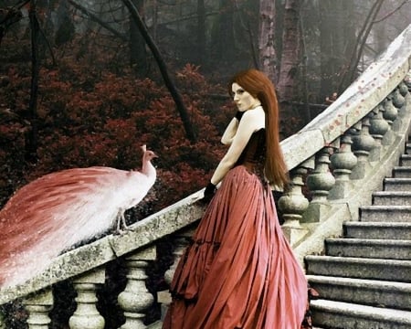 Redhead Beauty - woman, redhead, stairs, peacock