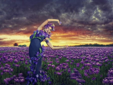 Beauty in Flower Field - woman, field, flowers, model