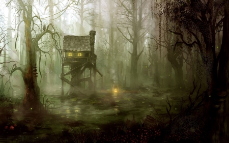 House in the swamp - house, water, tale, forest, light, tree, dark, fantasy, halloween, swamp, art, luminos, woods