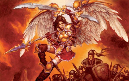 Angel - feather, red, sword, game, battle, serra avenger, girl, fight, wings, white, warrior, fantasy, orange, woman, angel