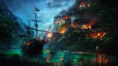 Assassins Creed IV Black Flag - game, water, assassins creed, coast, blue, ship, IV, orange, man, fantays, dark, fire, green, black flag, art, luminos