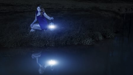 Reflection - lake, girl, light, water, fantasy, creative, model, dark, reflection, lantern, situation