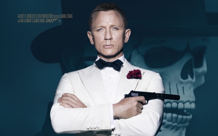 Spectre (2015) - hat, spectre, actor, range, bow tie, poster, 007, blue, gun, man, skull, white, Daniel Craig, movie