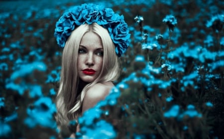 Artistic Beauty - flowers, blue, woman, model