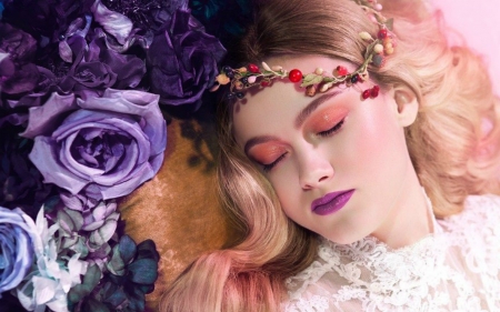 Sleeping Beauty - woman, face, flowers, model