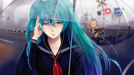 Hatsune Miku - red, vocaoid, anime, girl, umbrella, hatsune miku, blue, manga