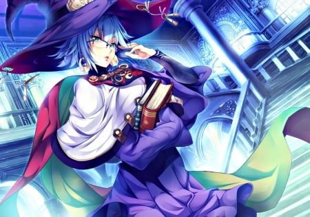 Witch - hat, girl, grimoire no shisho, witch, purple, blue, pink, anime, spell book, rumeal, manga