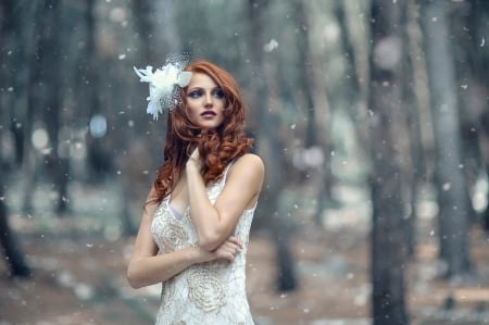 Frosty winter - woman, redhead, girl, frosty winter, model, white, alessandro di cicco, forest, woods, snow, tree