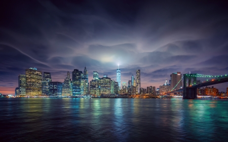 New York - new york, sky, blue, night, water, green, buildings, usa