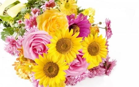 Flowers - white, flower, rose, pink, bouquet, yellow, sunflower