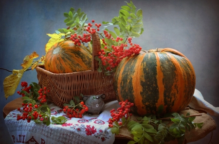 Still life - autumn, pumpkin, berry, leaf, still life, fruit, halloween, orange, green