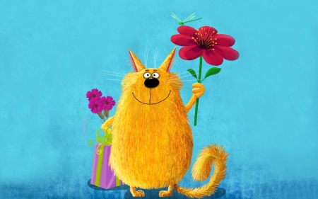 For You - present, cat, flowers, smile, funny, painting, ribbon, gift, bow, dragonfly