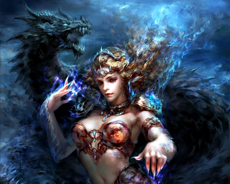 Dragon Lady - sorceress, blue, girl, blonde, beauty, orange, fantasy, dragon, woman, art