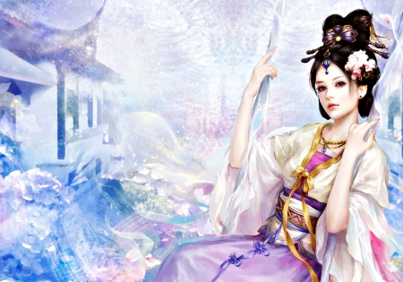 Princess - blue, girl, beauty, pink, swing, fantasy, woman, princess, asian