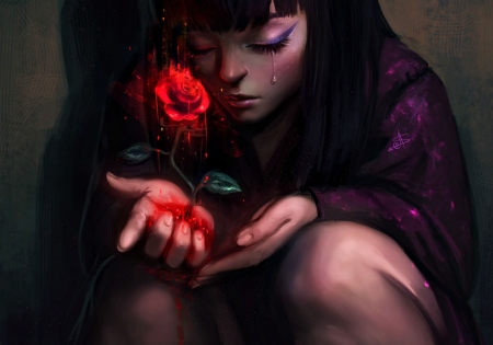 Red rose - blood, tears, red rose, girl, flower, dark, black, purple, hand, woman, ayyasap, signed, brunette, art, luminos