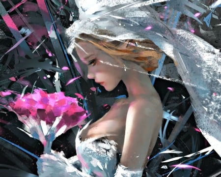 Bride - flower, wlop, veil, bouquet, blonde, bride, pinkblack, girl, art, white, fantasy, petals, woman