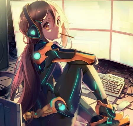 Anime girl - anime, headphones, girl, computer, suit