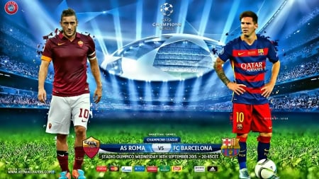 AS ROMA - FC BARCELONA CHAMPIONS LEAGUE 2015 - champions league, FC BARCELONA, totti, messi, FC BARCELONA wallpaper, barcelona, lionel messi, lionel messi wallpaper