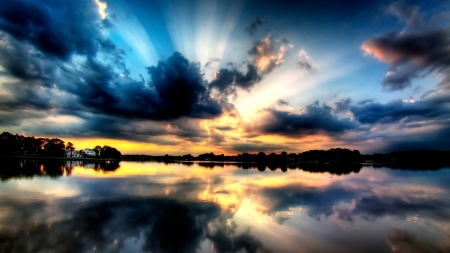 Colorful Sunset - clouds, trees, sunset, nature, lake, reflection, sky