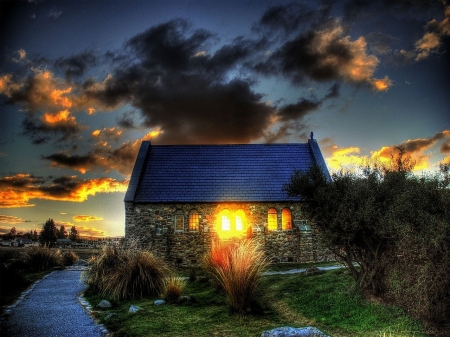 Sunset over the Farm House - clouds, house, path, sunset, ray, nature, farm, sky